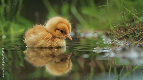 A soft, downy chick reflected in a farm pond, the water's surface a perfect illusion of the bird's fluffy texture. photo