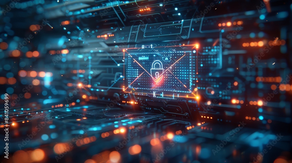 Futuristic digital cybersecurity concept with encrypted email and technological network background showcasing data protection. Futuristic digital cybersecurity concept with encrypted email and technological network background showcasing data protection.