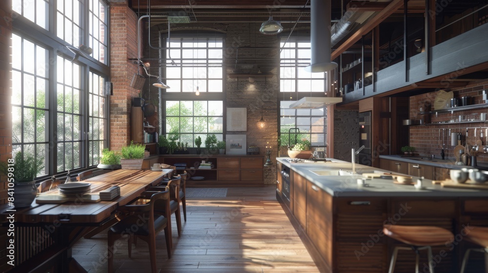 Rustic Commercial Kitchen Rustic industrial kitchen with brick walls, wooden beams, large windows ...