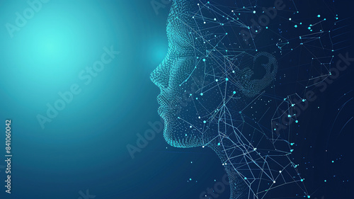 Blue background with a digital human head silhouette, AI concept of artificial intelligence technology.