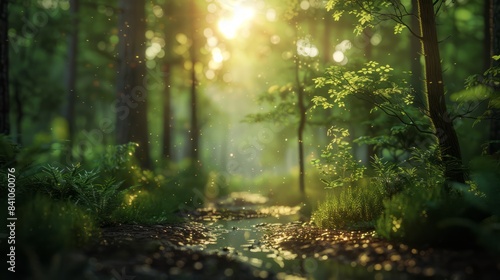 A gentle stream meandering through a lush forest, the sunlight filtering through the trees