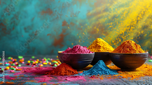 Colorful holi powder in bowls on a table - vibrant hues of pink, blue, green, and yellow ready for festive celebration. © Dxire