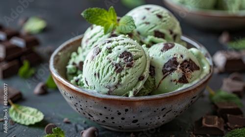 Detailed image of organic green mint chocolate chip ice cream in a rustic ceramic bowl, with visible mint leaves and large chocolate chunks