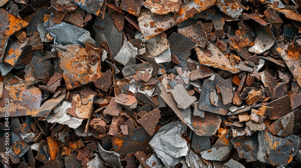 Detailed view of a pile of aluminum shavings and rusted ferrous chunks, highlighting the intricate textures and raw appearance Detailed view of a pile of aluminum shavings and rusted ferrous chunks, highlighting the intricate textures and raw appearance