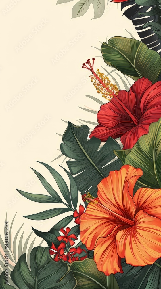 illustration of a border of red and orange hibiscus flowers and lush green leaves on a cream background, copy space, wallpaper, card illustration of a border of red and orange hibiscus flowers and lush green leaves on a cream background, copy space, wallpaper, card
