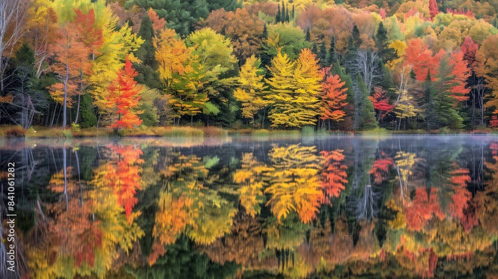 A serene lake mirrors autumn's vibrant forest, capturing nature's beauty in a tranquil, picturesque scene. A serene lake mirrors autumn's vibrant forest, capturing nature's beauty in a tranquil, picturesque scene.