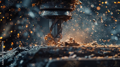 Detailed shot of scrap iron being drilled, with metal shavings flying and the rough surface of the material in focus