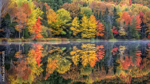 A serene lake mirrors autumn s vibrant forest  capturing nature s beauty in a tranquil  picturesque scene.