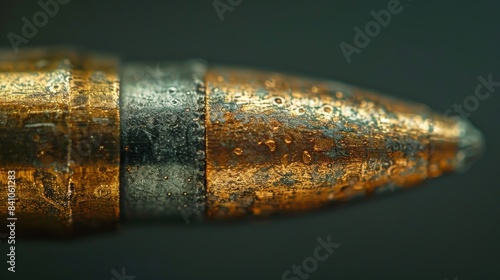 Extreme close-up of a hollow point bullet's tip, emphasizing the engineering and design, raw texture with a metallic sheen photo