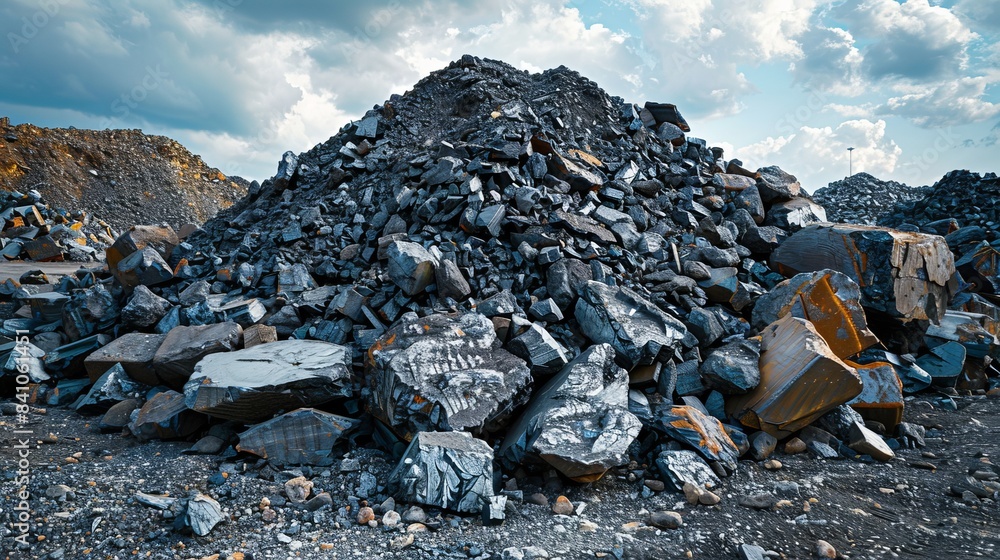 Iron lumps and steel slags in a chaotic pile, showcasing raw textures and the rugged environment of the metallurgical industry Iron lumps and steel slags in a chaotic pile, showcasing raw textures and the rugged environment of the metallurgical industry
