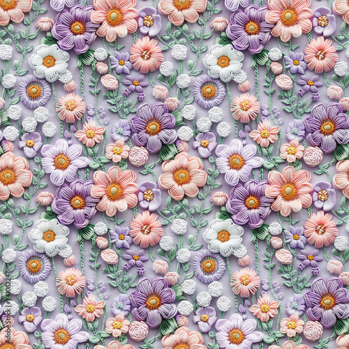Floral embroidery from knitting wool, yarn, seamless pattern.