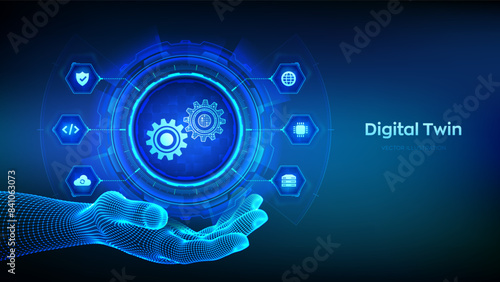 Digital twin business and industrial process modelling technology concept on virtual screen. Innovation and optimisation. Digital twin icon in wireframe hand. Vector illustration.