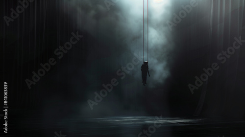 A minimalist puppet stage with a single, eerie puppet hanging limply in the spotlight. The rest of the stage is shrouded in darkness, hinting at hidden horrors behind the simple scene photo