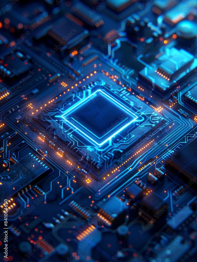 A close up of a computer chip with a blue and orange glow. futuristic technology background A close up of a computer chip with a blue and orange glow. futuristic technology background
