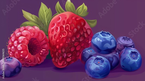 Create an image in the fashionable procreate style flat, raspberries, strawberries, blueberries. copy space for text. photo