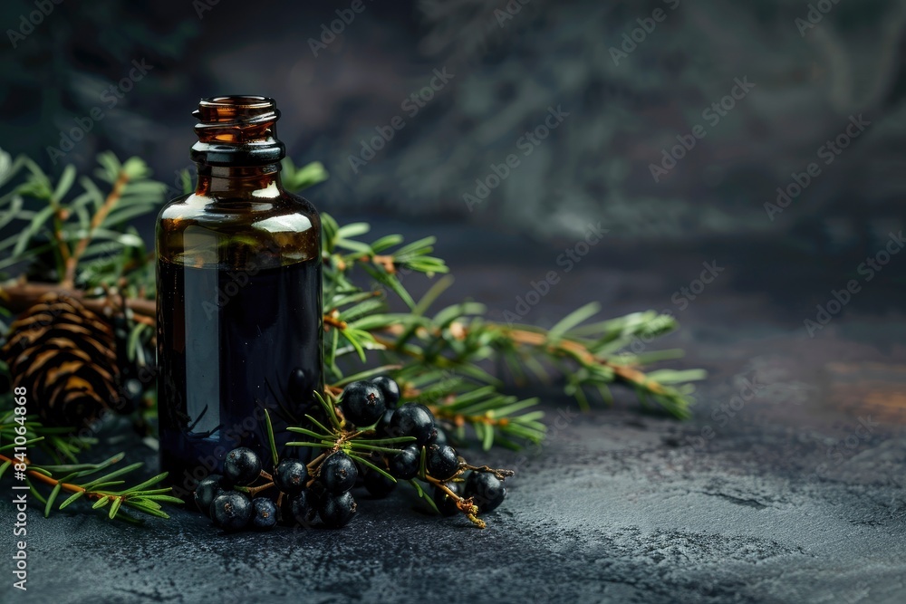 Juniper tincture or gin on a black background. In the background branches of juniper and dark glass antique bottle. Copy space - generative ai Juniper tincture or gin on a black background. In the background branches of juniper and dark glass antique bottle. Copy space - generative ai