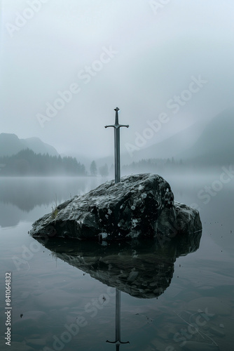 Sword in the stone - sword stuck in the rock in the lake
