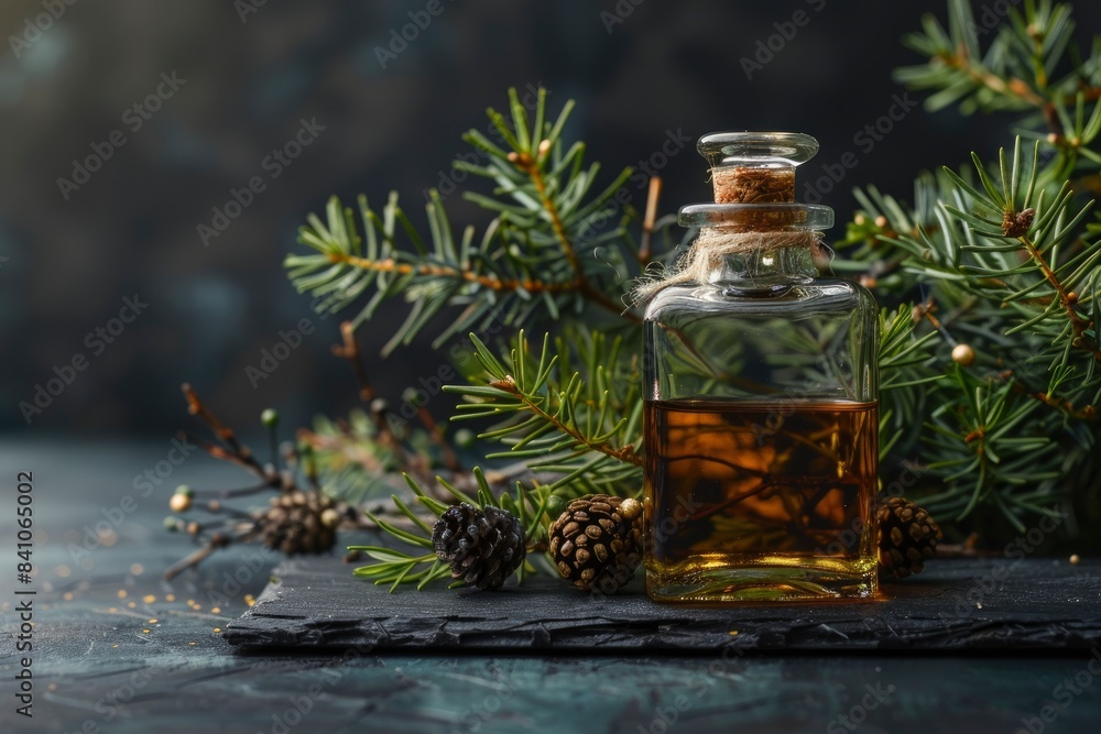Juniper tincture or gin on a black background. In the background branches of juniper and dark glass antique bottle. Copy space - generative ai Juniper tincture or gin on a black background. In the background branches of juniper and dark glass antique bottle. Copy space - generative ai