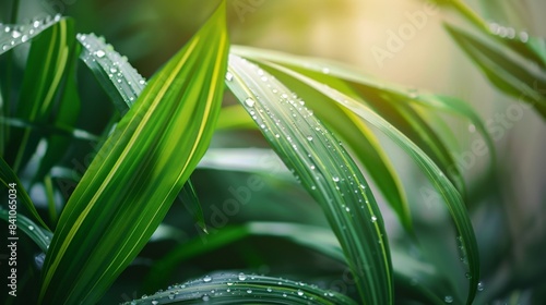 Close-up of dew drops on the broad green leaves of a tropical houseplant in morning light