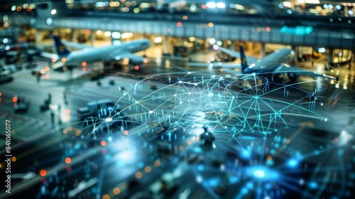 A bustling airport where an AIpowered air traffic control system manages the flow of planes using intelligent data paths.