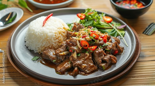 Fried hot pot beef with rice on a plate, a little but if salad and corander. copy space for text.