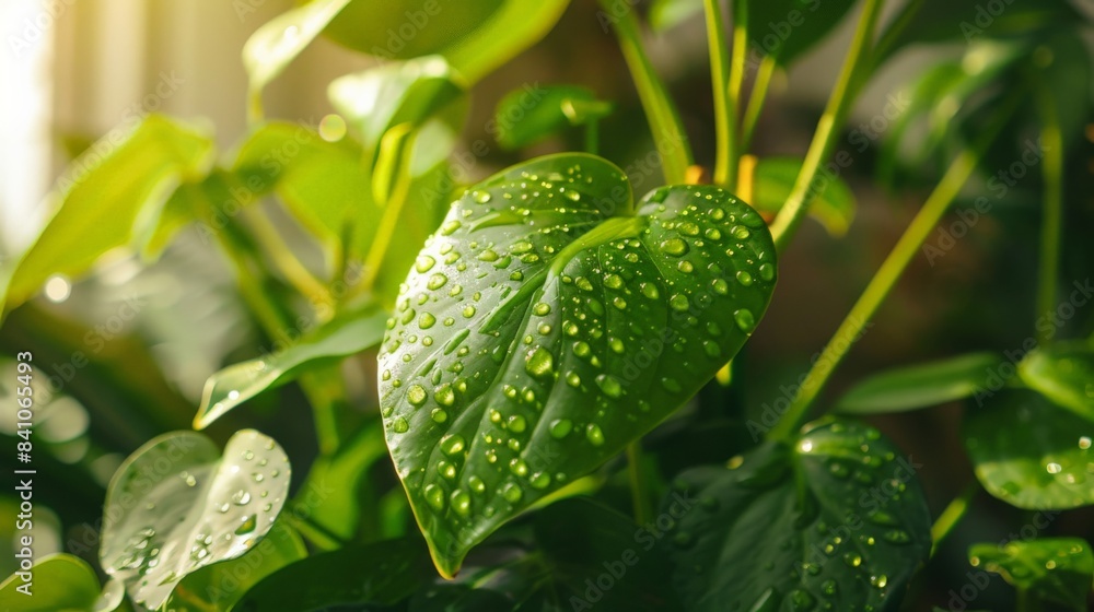 Close-up of dew drops on the broad green leaves of a tropical houseplant in morning light Close-up of dew drops on the broad green leaves of a tropical houseplant in morning light