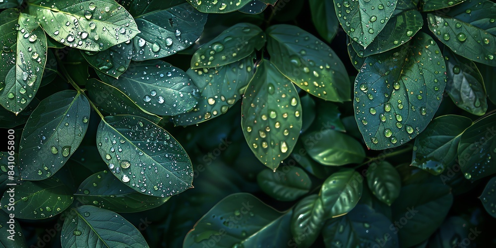 Fototapeta premium Leaves background with droplets aspect ratio 2:1 for banner, landing page, website, mockup template