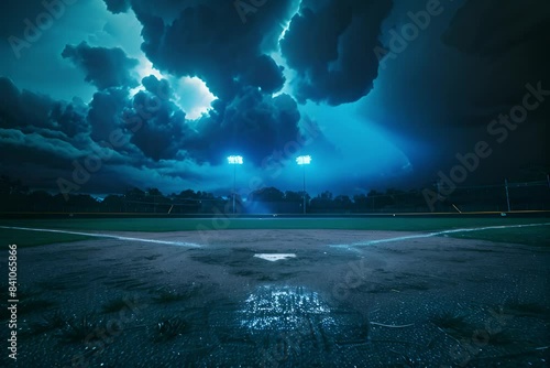 The appearance of thick clouds and lightning in the stadium at night photo