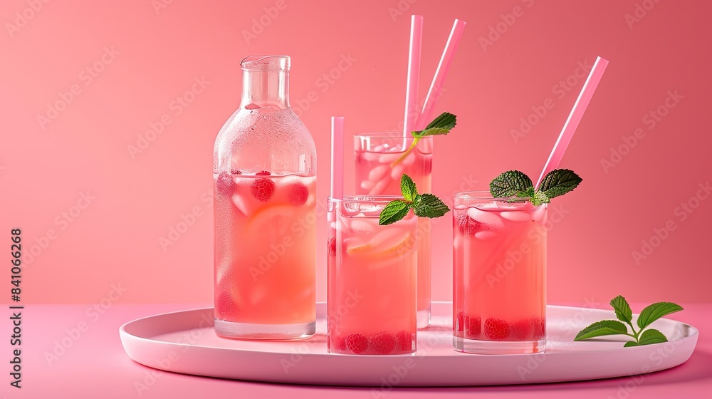 photo of raspberry lemonade serving, decanter glass glasses with tubes on a tray decorated with mint leaves, high-quality photo. copy space for text. photo of raspberry lemonade serving, decanter glass glasses with tubes on a tray decorated with mint leaves, high-quality photo. copy space for text.
