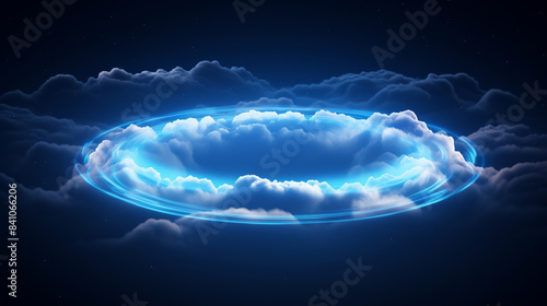 Futuristic glowing circular portal surrounded by clouds in the night sky  symbolizing innovation  technology  and mystic energy.