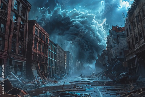 Towering clouds of smoke and debris rise above a devastated urban landscape, with collapsed buildings and scattered debris, creating a stark vision of destruction, disaster photo