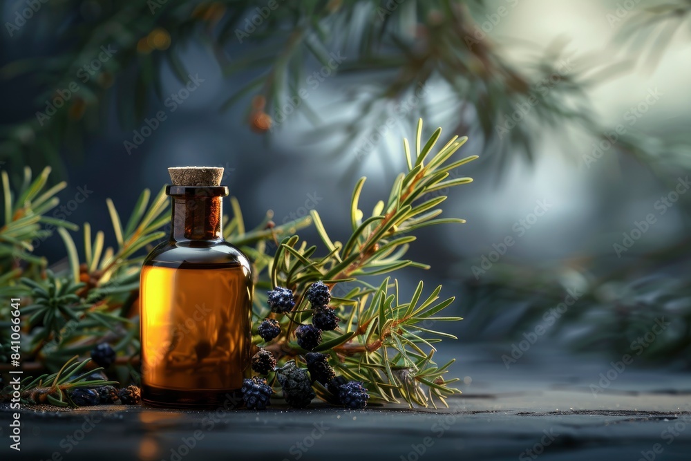 Juniper tincture or gin on a black background. In the background branches of juniper and dark glass antique bottle. Copy space - generative ai Juniper tincture or gin on a black background. In the background branches of juniper and dark glass antique bottle. Copy space - generative ai
