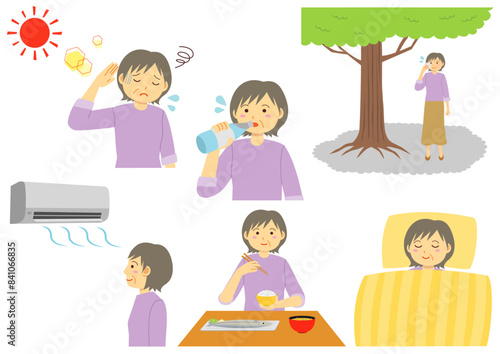 熱中症対策をする年配の女性のイラストのセット

