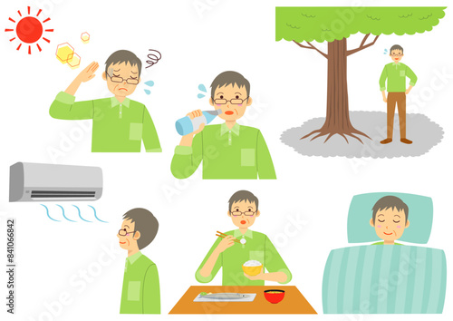 熱中症対策をする年配の男性のイラストのセット
