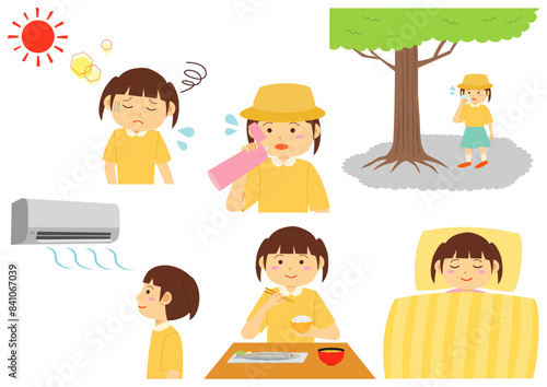 熱中症対策をする子どものイラストのセット_女の子
