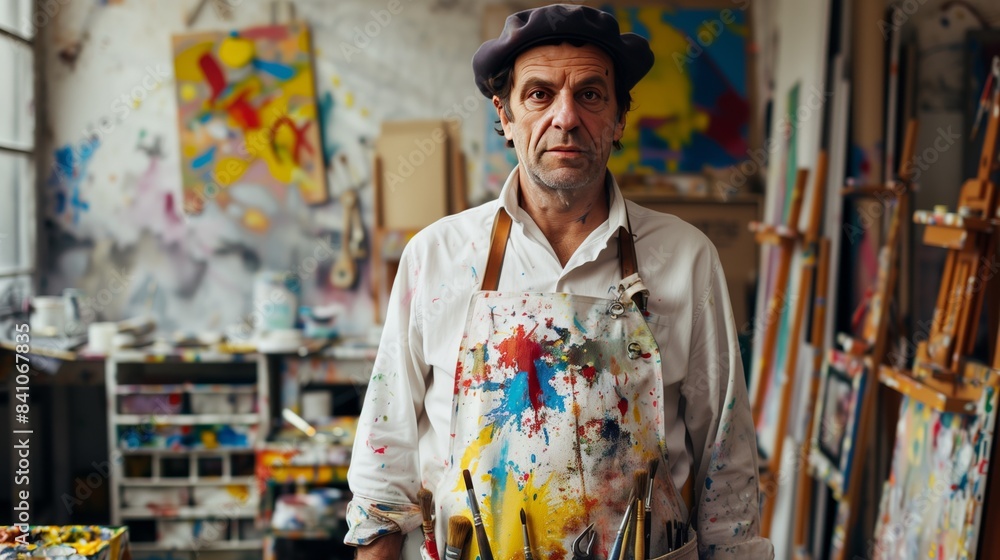 A creative man in an art studio wears a painter's beret and apron dotted with colorful splatters and tools. A creative man in an art studio wears a painter's beret and apron dotted with colorful splatters and tools.