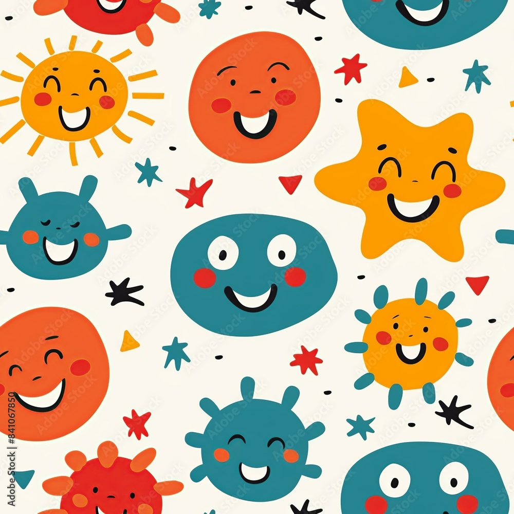 Fototapeta premium A lively illustration of smiling faces, featuring simple, cheerful lines and bright, vibrant colors, evoking the joyful spirit of kindergarten creativity and imagination. Minimal pattern banner