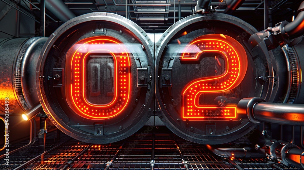 Bold Number '02': Mechanical Parts in Techno Architectural Style, Bright Neon Tubes, and Metal Details Bold Number '02': Mechanical Parts in Techno Architectural Style, Bright Neon Tubes, and Metal Details