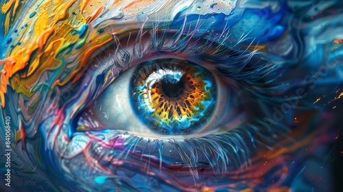 An artistic rendition of a cybernetic eye in the style of cyberpunk, with sharp lines, metallic accents, and a sense of dystopian urbanism.
