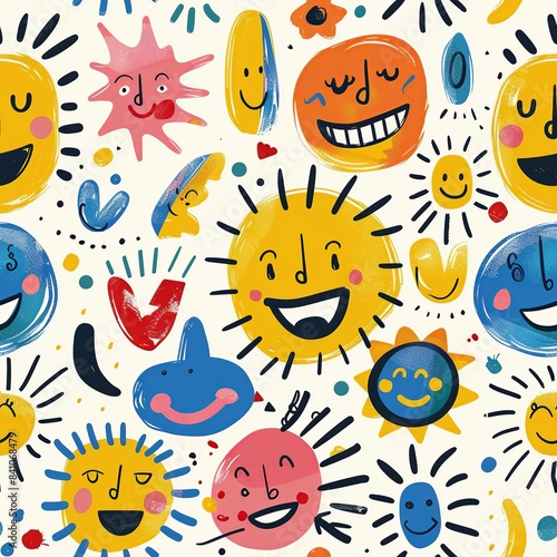 An adorable drawing of happy faces, each one expressive and full of life, surrounded by playful shapes and bright colors, showcasing the imaginative and colorful style of a kindergartener. Minimal © DARIKA