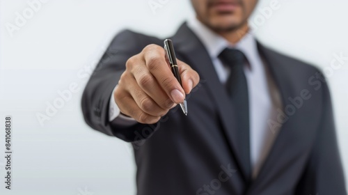 businessman with pen in the hand at the isolated background