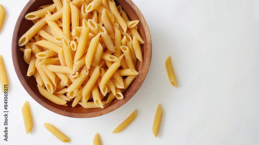 Penne pasta and macaroni displayed in a wooden bowl on a white background showcasing Italian cuisine Top down view of the scene Penne pasta and macaroni displayed in a wooden bowl on a white background showcasing Italian cuisine Top down view of the scene