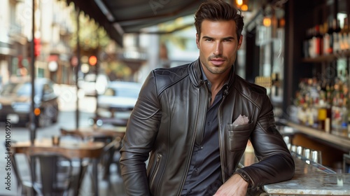 A fashionable man in a leather jacket and stylish pocket square leans casually at an open-air bar, exuding charm. photo