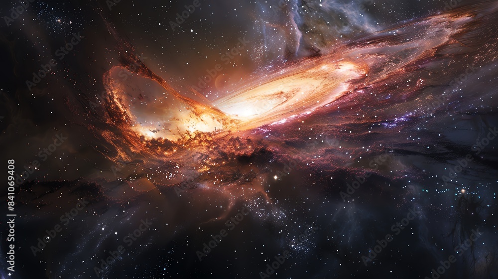 A realistic photo of a galaxy collision with distorted structures and vibrant star formations, highly detailed and dynamic A realistic photo of a galaxy collision with distorted structures and vibrant star formations, highly detailed and dynamic
