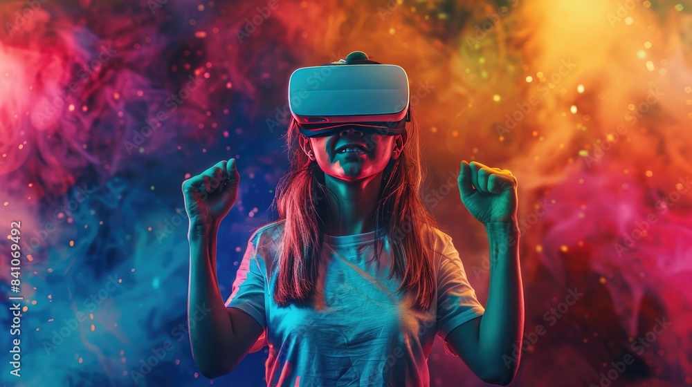 Woman Experiencing Virtual Reality with VR Headset in Vibrant Neon Colors Woman Experiencing Virtual Reality with VR Headset in Vibrant Neon Colors