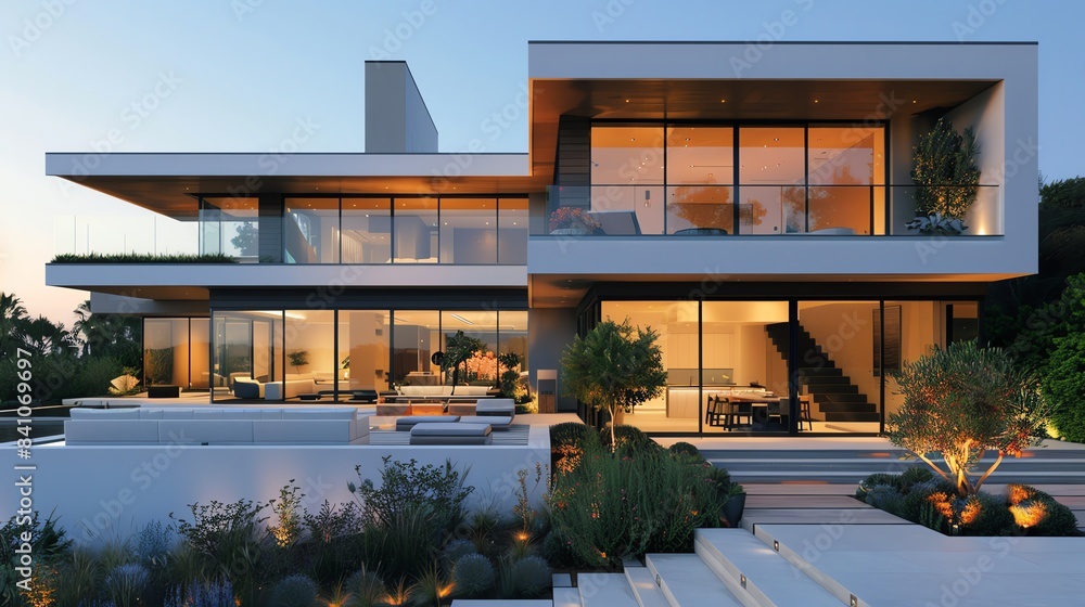 Minimalist home facade with a flat roof, large glass windows, and simple landscaping, contemporary and elegant Minimalist home facade with a flat roof, large glass windows, and simple landscaping, contemporary and elegant