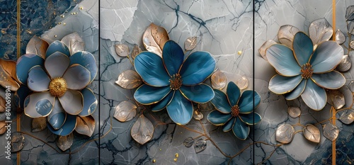 3d floral marble background with gray and blue flowers, three vertical panels for home interior decoration
