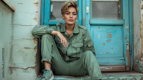 Confident Woman in Green Jumpsuit Sitting on Steps Against Turquoise Door photo