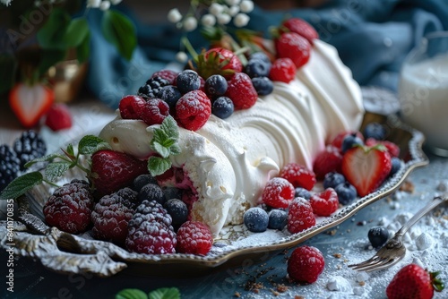 meringue roll with fresh berries - generative ai