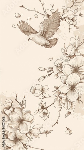 A serene illustration featuring a dove flying gracefully through a border of delicate, blooming flowers, wallpaper, card, copy space